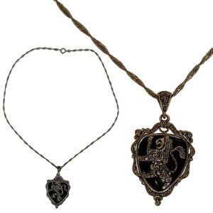 Victoria Crowne & Co Sterling Silver .925 Lion Pendant Necklace Onyx & Marcasite